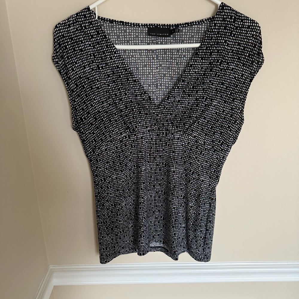 Y2K Black and White Square Print Crossover Short Sleeve Blouse The Limited Sz S